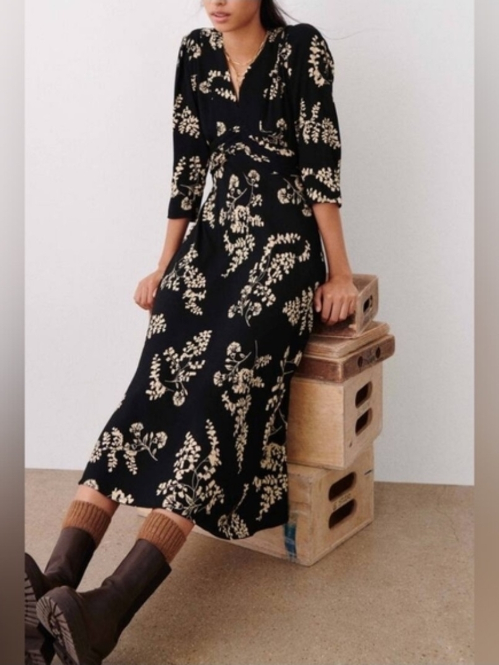 ba&sh Black Midi Dress with Cream Botanical Print